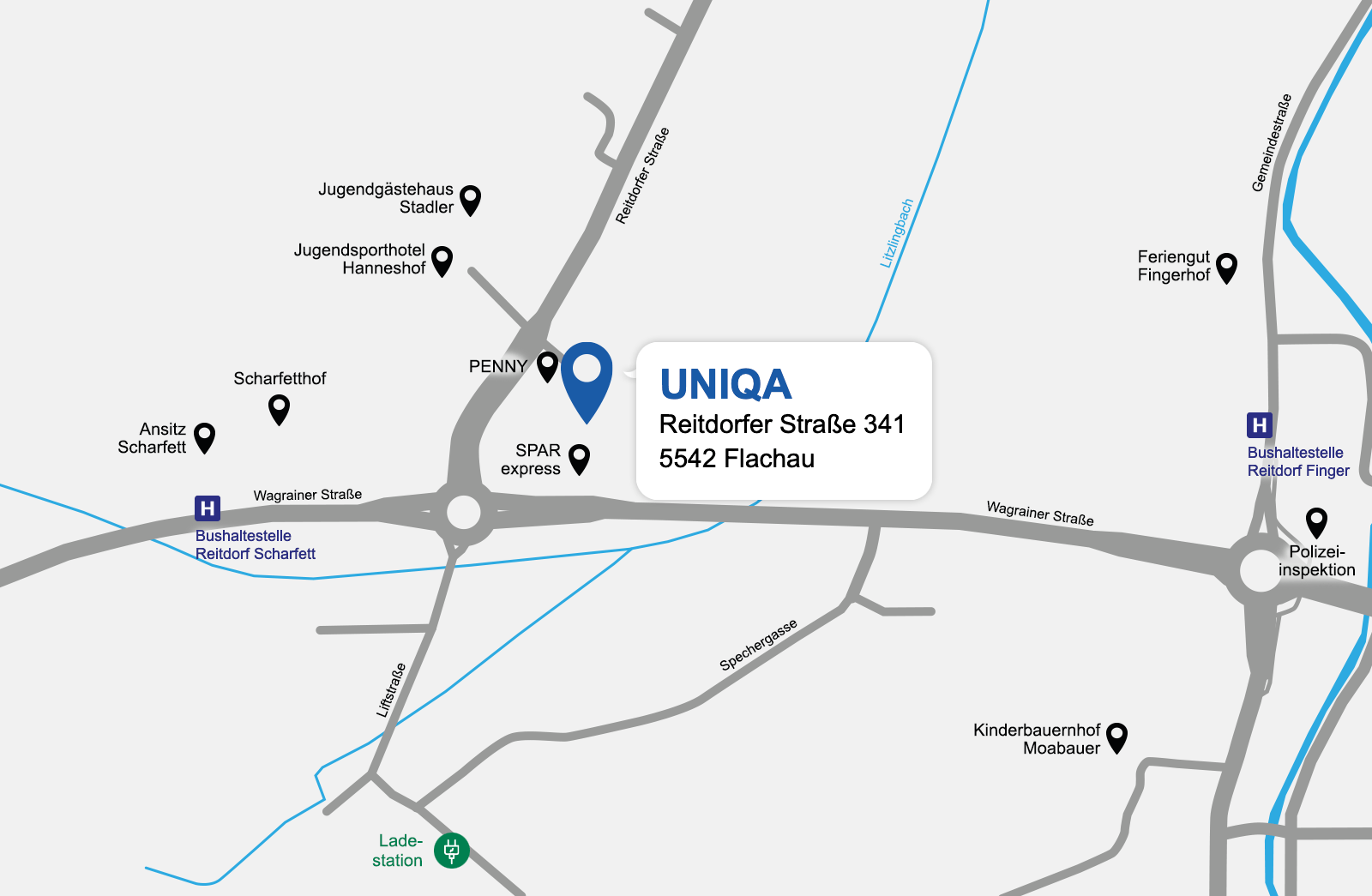 Eine detaillierte gezeichnete Karte der UNIQA Generalagentur Amadeo